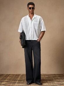 AKNOTIC Business Casual 男士修身长款中腰阔腿休闲牛仔裤，适合秋季、学校、狂欢 - 黑色 - 查看 2