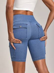 Flexra Quần short denim đa năng, dáng ôm, túi tiện dụng dành cho nữ - Màu xanh lam - Xem 2