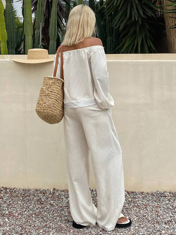 Women's Summer Beaded Off-Shoulder Lace Trim Puff Sleeve Solid Color Loose Wide Leg Pants 2 Pieces Set Linen