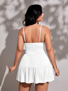 Viva Relle Women's Plus Size Casual Solid Color Off-Shoulder Spaghetti Strap Dress, Summer Peplum Pupoy Keep - White - View 2