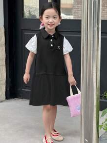 DAZY 年轻女孩拼布休闲泡泡袖蝴蝶结刺绣中长连衣裙，女孩夏季服装 - 黑色 - 查看 7