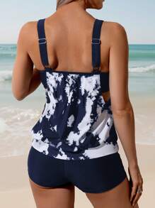 Swim Lushoire Spring/Summer Popular Black & White Ombre Printed Adjustable Spaghetti Strap Beach Vacation Bikini 2 Pieces Set