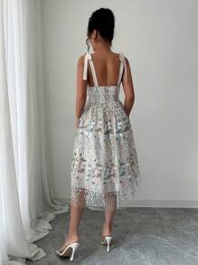 Elenzga Váy chữ A thắt nút lưới thêu hoa cho kỳ nghỉ hè dành cho nữ - Màu be - Xem 2