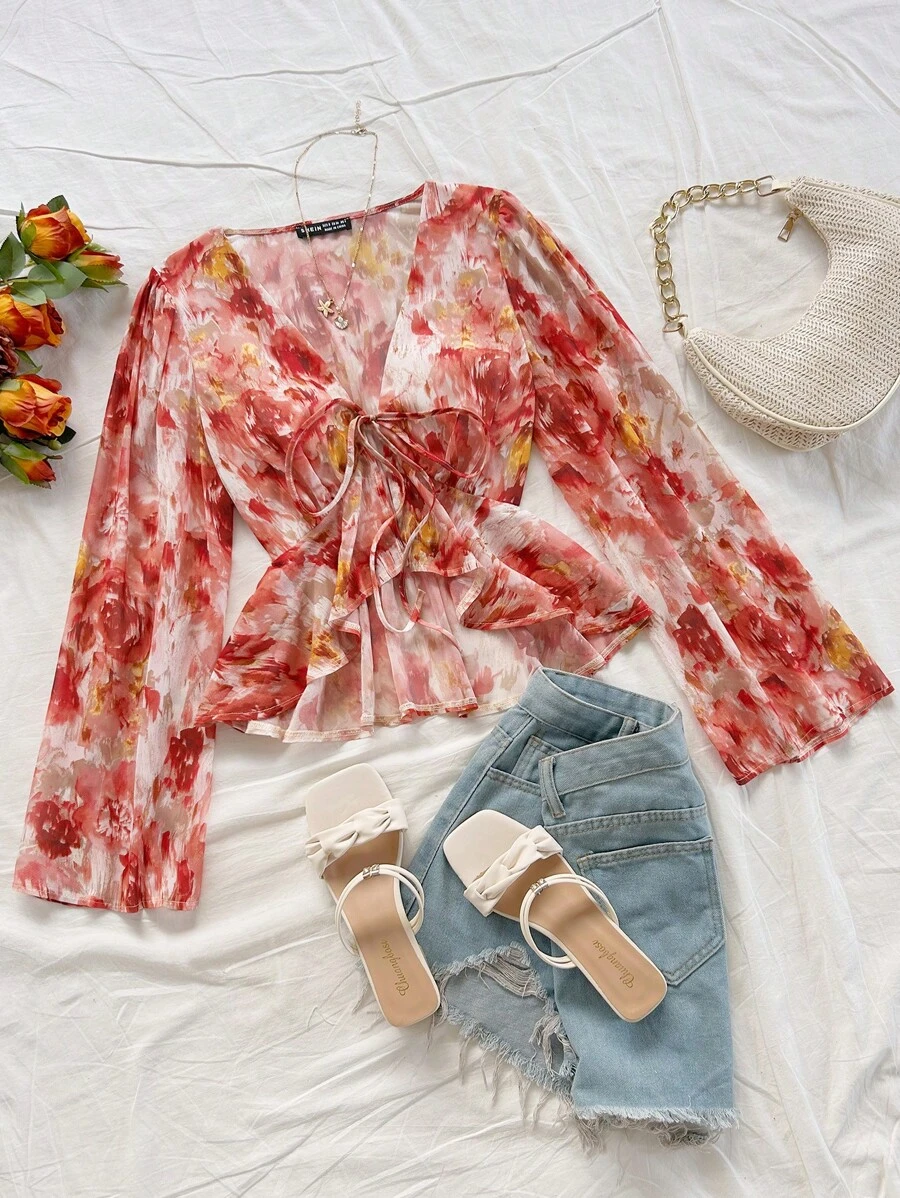 Soleia Women's Rose Print V-Neck Flare Sleeve Ruffle Hem Blouse, Suitable For Vacation, Music Festival, Bohemian, Holiday, Date, Afternoon Tea, Beach - Multicolor - View 1