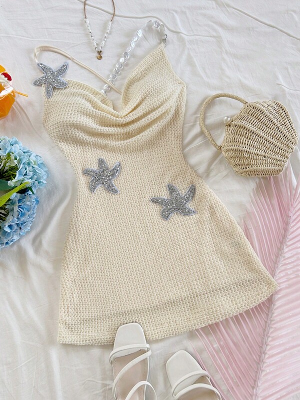 Soleia Rochie mini pentru femei, tricotată, cu textură, cu bretele de umăr și bretele de scoici, în formă de A, potrivită pentru vacanță, petrecere, întâlnire, ceai de după-amiază, plajă