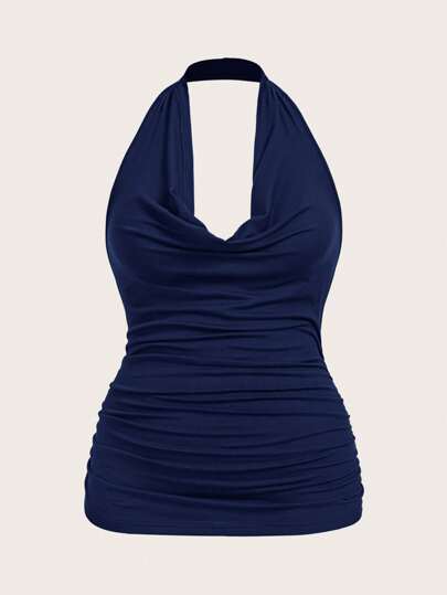 SHEIN EZwear Plus Size Women's Summer Plain Ruched Draped Front Halter Top