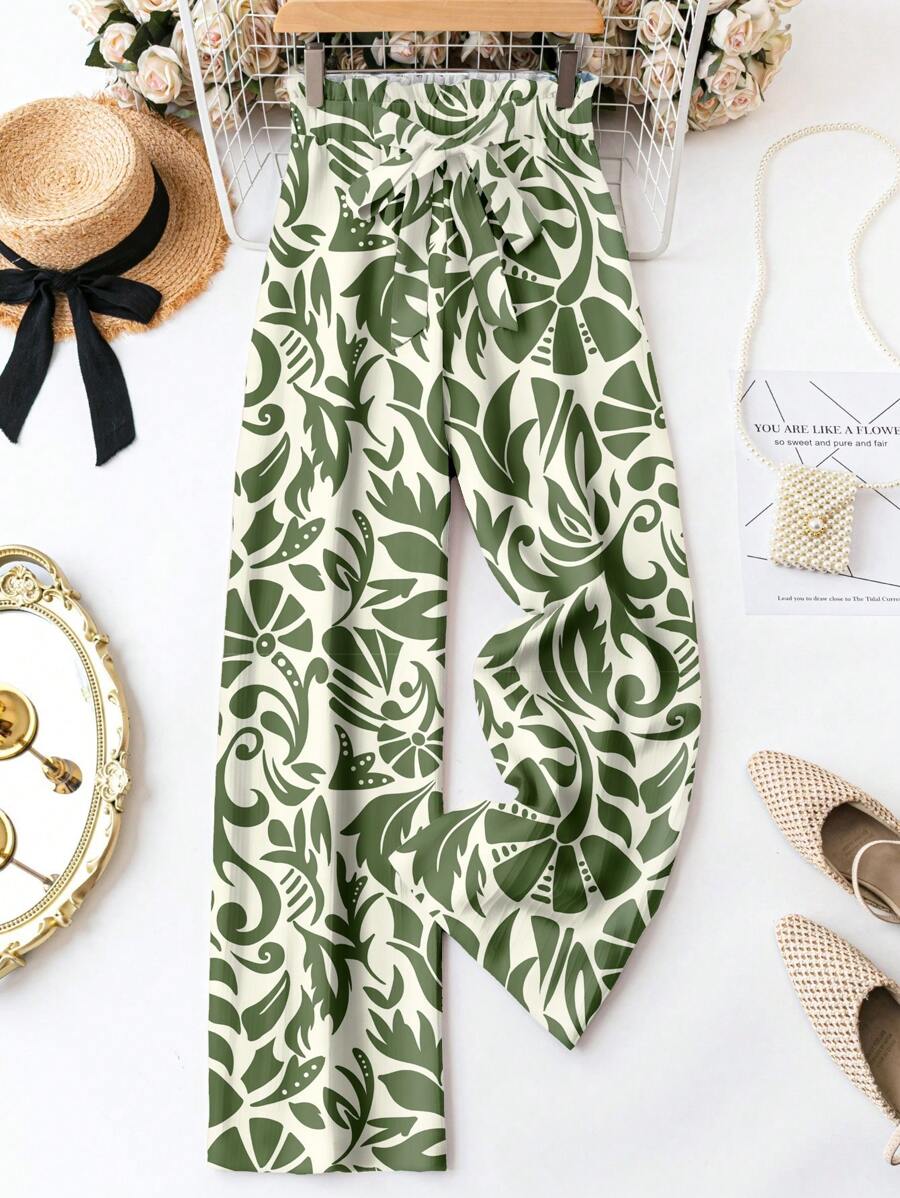 SHEIN LUNE Pantalones largos casuales con cintura con cordón y estampado de hojas, adecuados para primavera y verano