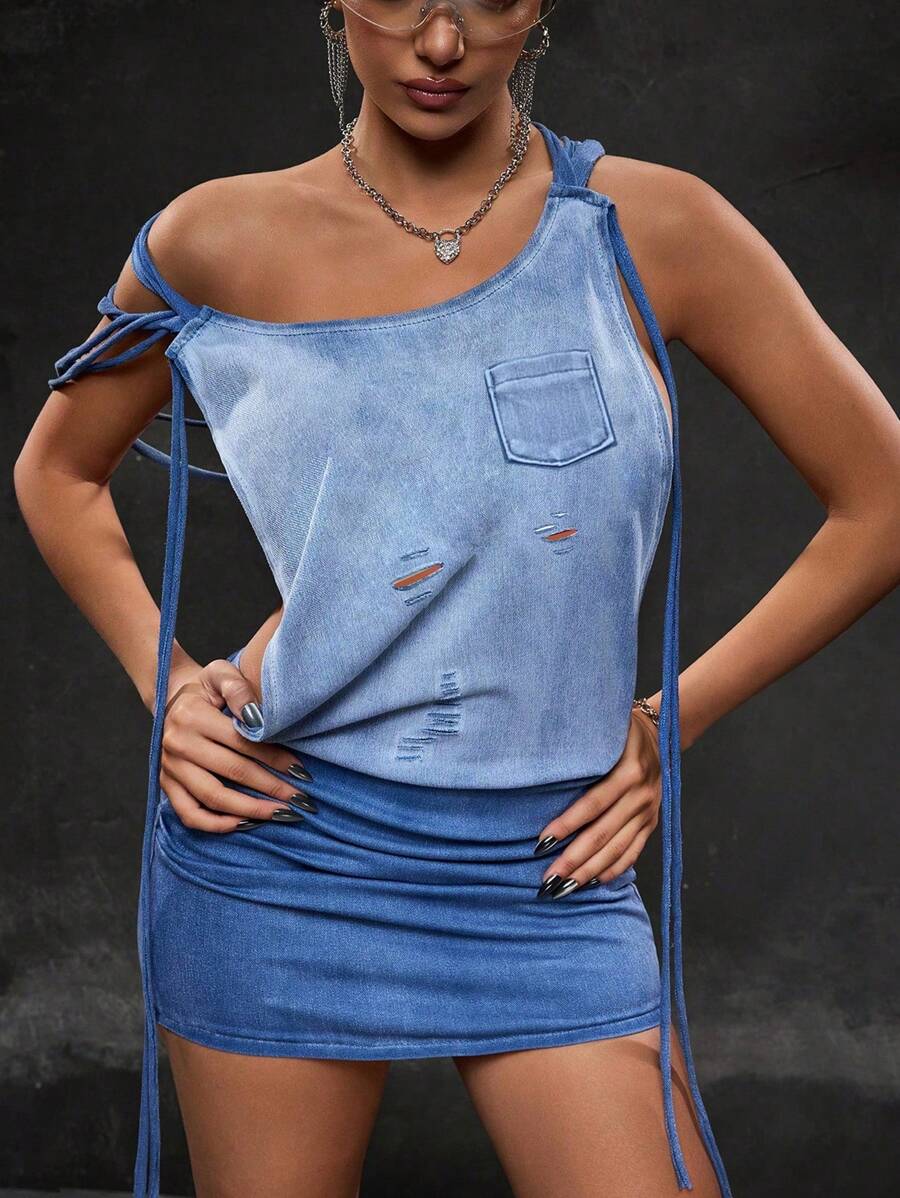 SHEIN ICON Damska sukienka jeansowa na szelkach, modna na lato - Niebieski - Zobacz 1