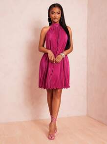 Radiana Women's Sexy Elegant Playful Fuchsia Backless Halter Mini Dress, For Dates, Parties, Birthdays, Clubs, Vacations, Holidays Open Back Dress Backless Dress Satin Dress - Hot Pink - View 6