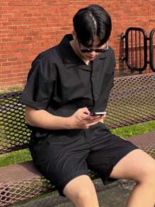 DAZY 2pcs/Set Men's Solid Black Shirt Set, Summer - Black - View 6