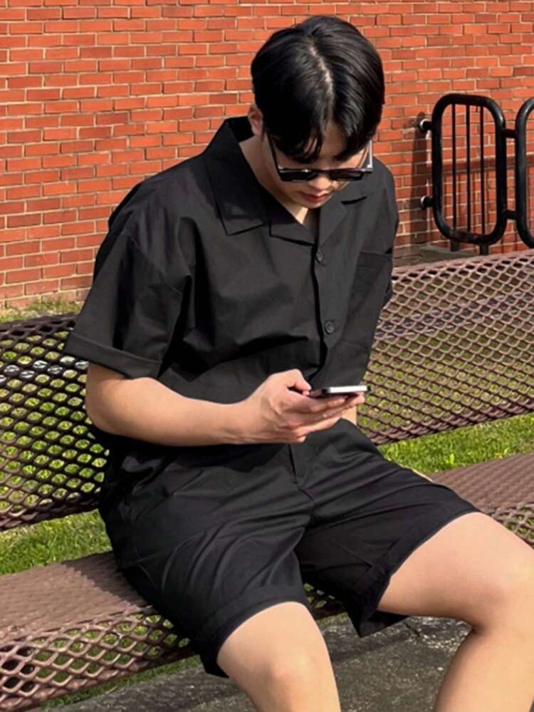 2pcs/Set Men's Solid Black Shirt Set, Summer