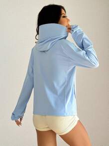 SHEIN EZwear 纯色插肩袖长袖连帽半透明夏季梭织女式夹克 - 淺藍色 - 查看 2