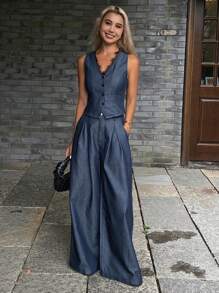 Livesso Ensemble décontracté en deux pièces pour femmes, composé d'un débardeur à col en V et dentelle patchwork chic, et d'un pantalon large, avec accessoire de ceinture