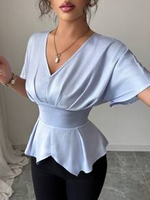 Elenzga Women's V-Neck Lantern Sleeve Hem Slit Casual Vacation Shirt , Peplum Top - Blue - View 6