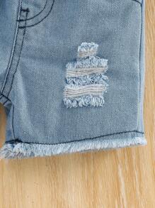 SHEIN Vintaside Kids 2件套女婴吊带蛋糕上衣+牛仔短裤套装，夏季 - 藍色 - 查看 8