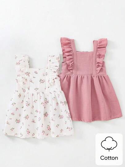SHEIN Playful Pals 2 件套女婴休闲日常紫红色纯色和花卉印花无袖舒适百搭夏季连衣裙，适合户外玩耍或室内