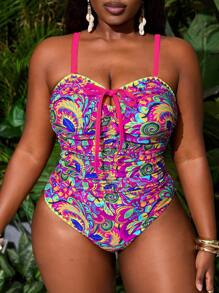 Slaydiva Plus Size Women Retro Retro Print V-Neck Drawstring Contrast Rib One-Piece Swimsuit, Suitable For Beach Vacation And Pool For Summer - Multicolor - View 5