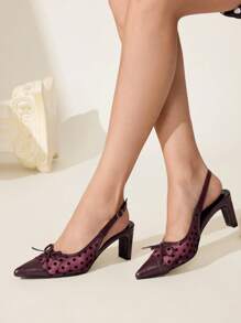 CUCCOO CHICEST Vintage Polka Dot Mesh Bowknot Toe Patchwork Pointed Toe Low Heel Mid Heel Cute Romantic Retro Elegant Wine Red Mesh PU Leather Women Pumps, Suitable For Date, Afternoon Tea, Commute, Romantic Garden - Burgundy - View 4