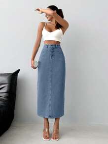 EURMUSE Women High Waist Long Straight Casual Versatile Denim Skirt - Light Wash - View 1