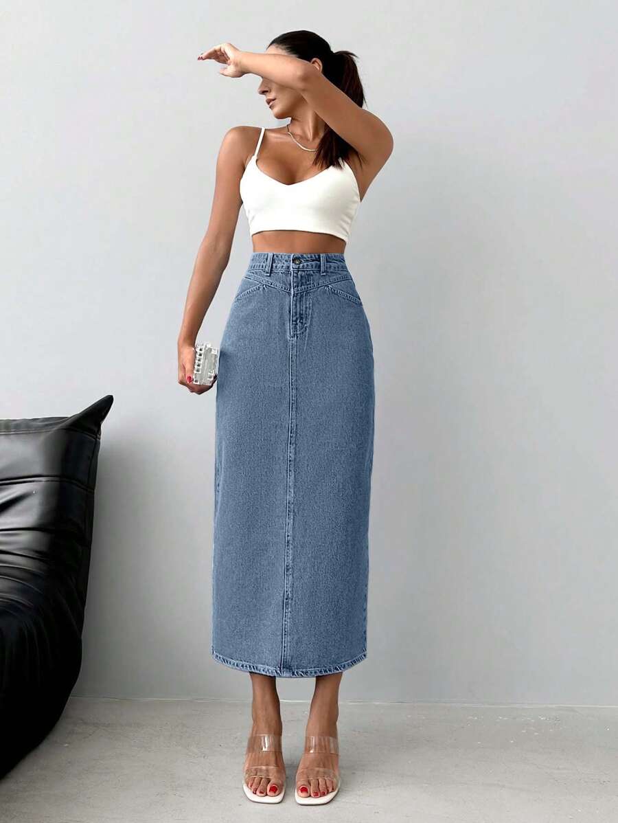 EURMUSE Women High Waist Long Straight Casual Versatile Denim Skirt - Light Wash - View 1