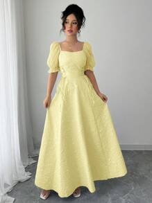 Modelyn 女式黄色透明泡泡袖收腰喇叭下摆长款连衣裙 - 黃色 - 查看 5