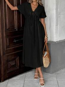 Easowa Black Bowknot Casual Midi Dress For Women,Boho Clothes Women - Black - View 3