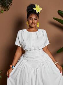 Maweii Plus Size Elegant Ruffle Neck Short Sleeve Party & Holiday Dress - White - View 6