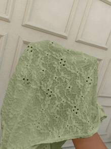 SHEIN LUNE 纯色纹理提花方领短袖蝴蝶结装饰迷你女式 T 恤，春夏 - 綠色 - 查看 7