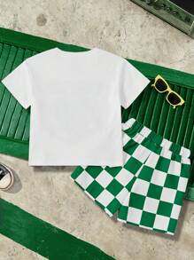 TEENAGE MUTANT NINJA TURTLES | SHEIN 2pcs/Set Young Boy Checkered Cartoon Pattern Knit Loose Raglan T-Shirt And Shorts Summer Set - Green - View 2
