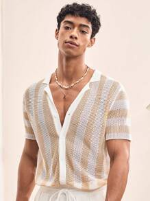 Manfinity VCAY Men Hollow Out Colorblock Fitted Short Sleeve Knitted Cardigan, Casual, For Fall Winter - Apricot - View 1