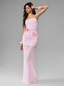 ROMWE Avant Y2K-Style Low Waist Mermaid Skirt With Glitter Flower Decor, Chiffon, Suitable For Island Resort - Pink - View 5