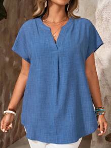 EMERY ROSE 加大码女式蓝色亚麻人造丝纽扣衬衫，落肩袖，圆下摆，热带度假风格，适合春夏季波西米亚风格服装夏季衬衫蓝色亚麻衬衫女式夏季亚麻衬衫 - 藍色 - 查看 4