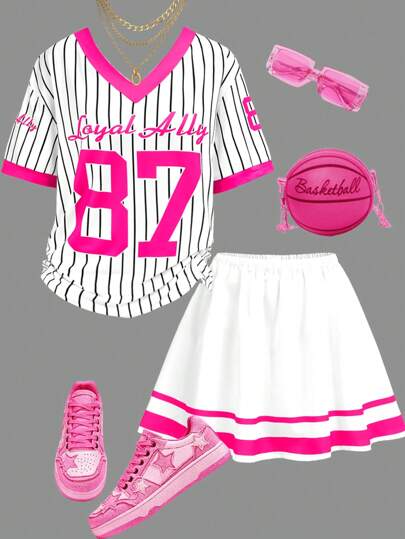 SHEIN 2pcs/Set Teen Girls' Fuchsia English Number Print Casual V-Neck Contrast Color Short Sleeve T-Shirt And Pleated Skirt Outfit, Suitable For Summer, Back-To-School, Cute, Holiday Family Outdoor Spring Picnic, Everyday Wear