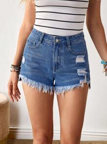 EMERY ROSE Pantalones cortos de mezclilla de verano informales con borde deshilachado para mujer - Azul - Ver 7