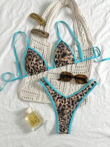 Swim Vcay Ropa de playa para mujeres en época de vacaciones de primavera, conjunto de top de tirantes con estampado aleatorio de guepardo y traje de baño de talle alto, conjunto de bikini sexy de 2 piezas - Multicolor - Ver 1