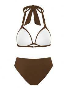 Swim Vcay 2 件套女士露背纯色泳衣，性感比基尼，休闲优雅舒适海滩度假泳装 - 棕色 - 查看 2