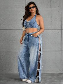 SHEIN ICON Plus Size Fashionable Casual Halter Neck Tie-Up Backless Denim Top - Blue - View 4