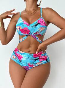 Swim Lushoire Ensemble de bikini sexy à motif floral et ajouré pour femmes, plage d'été - Multicolore - Voir 5