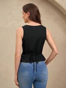 EMERY ROSE Women's Fashionable Color Block Front Button Closure Fitted Tank Top Graphic Tees Women Tops - Multicolor - View 2