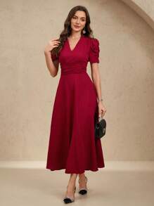 EMERY ROSE Women's Solid Color V-Neck Waist-Fitting A-Line Dress For New Year Clothes Maxi Women Outfit - Red - View 3