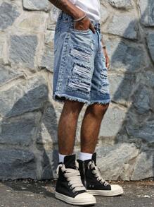 Manfinity EMRG Men's Ripped Denim Shorts Blue Jean Shorts With Frayed Hem And Studded Sides Avant-Garde Hip-Hop Streetwear Style - Blue - View 3