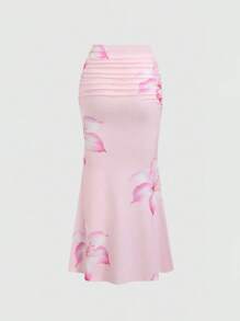 SHEIN Sweetro Women's All-Over Floral Print Ruched A-Line Skirt, Casual Vacation Maxi Skirt Fall Cloth For Women - Watermelon Pink - View 2