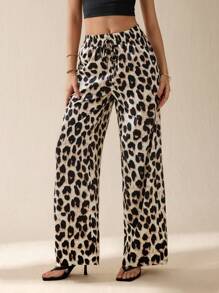 SHEIN Tall Pantalones largos casuales y relajados con estampado de leopardo para mujeres, ropa de mujer para verano y otoño - Marrón - Ver 4