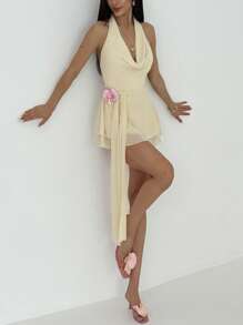 Aloruh Đầm mini hở lưng họa tiết hoa 3D giản dị dành cho nữ - Màu be - Xem 6