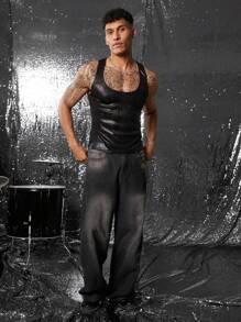 FeverCity Men's Crew Neck, Tight Fit, Ribbed Side Trim Top Tank Top - Black - View 3