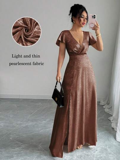 Lyxana 女士优雅荷叶边袖V领A字开衩浪漫连衣裙