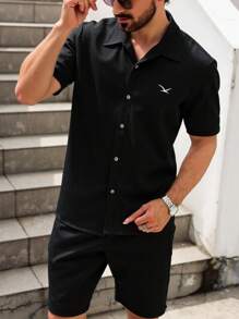 RueChic Ensemble de chemise régulière imprimée d'oiseaux en tissu spécial décontracté pour hommes