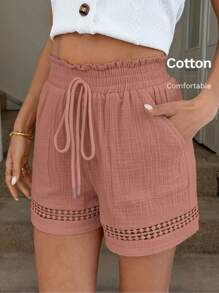 Easowa Celana Pendek Wanita Warna Khaki dengan Pinggang Elastis dan Detail Trim Katun, Musim Semi/Panas, Celana Pendek Pinggang Tinggi - Berwarna merah muda - View 5