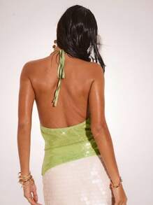 SHEIN BAE Top Cropped Feminino de Verão com Decote Drapeado, Sem Mangas, Barra Amarrada e Aplicações Sequinadas, Adequado para Festivais de Música, Saídas Noturnas, Festas, Encontros, Concertos, Férias em Ilhas, Férias na Itália, Ibiza - Vinho - Visão 2