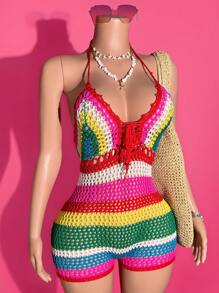 Slaydiva New Summer Leisure Vacation Daily Date Beach Wear Music Festival Suspender Rainbow Striped Crochet Jumpsuit V-Neck Women's Sweater Jumpsuit-A Crochet Swimsuit Rainbow Swimsuit - Multicolor - View 4
